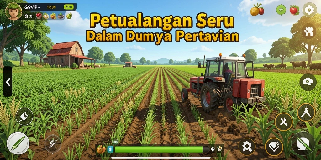Tampilan gameplay G9VIP dengan berbagai tanaman dan hewan ternak.
