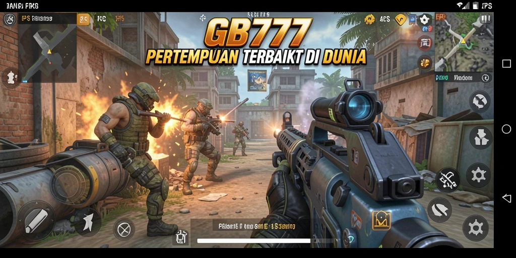Tampilan screenshot utama GB777 yang menampilkan aksi pertempuran FPS yang seru.