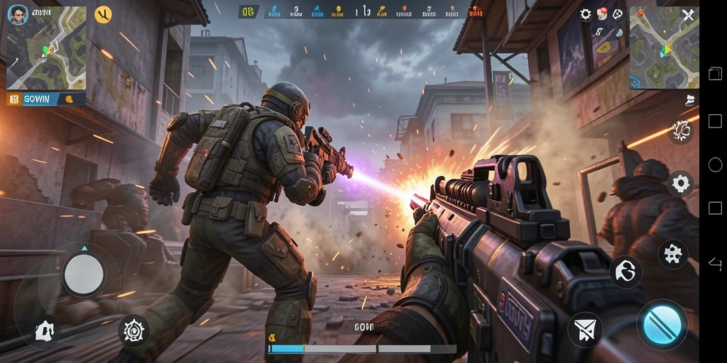 Tampilan gameplay GOWIN dengan aksi tembak-menembak intens.