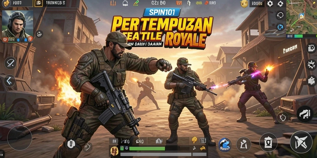 Gameplay SPIN101 menunjukkan aksi Battle Royale yang intens dan strategi tim.