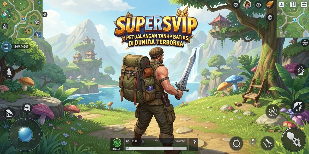 Tampilan gameplay SUPERSVIP yang luas dan menakjubkan dari dunia terbuka.