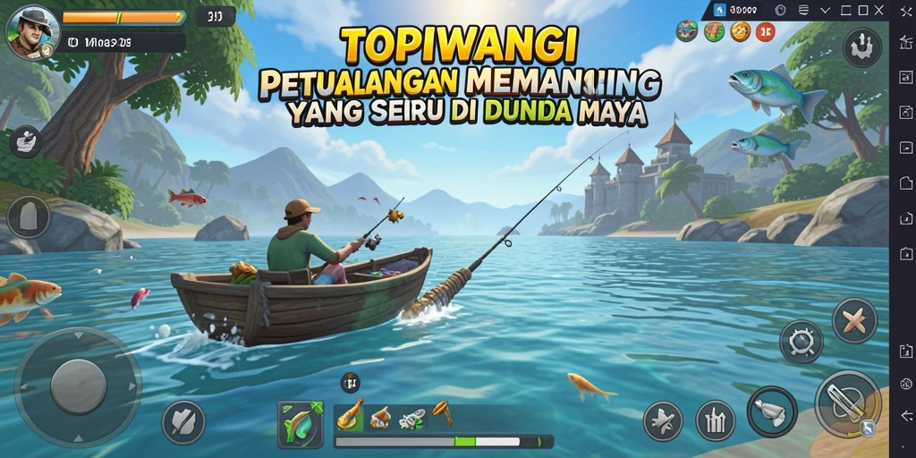 Screenshot gameplay TOPIWANGI menampilkan aksi memancing yang mendebarkan.