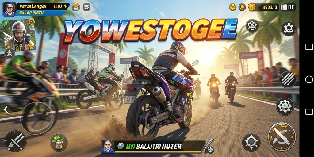 Gameplay YOWESTOGEL menampilkan aksi balap motor yang intens dan seru.